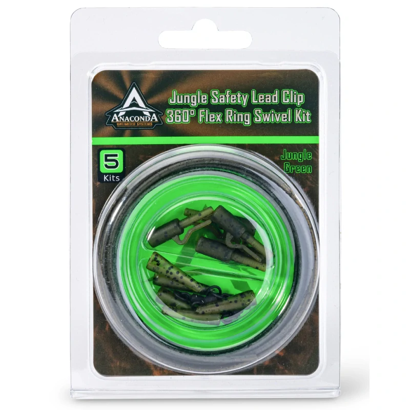 Anaconda sada klipů Safety Lead Clip 360° Flex Ring Swivel Kit Jungle zelená 5 setů