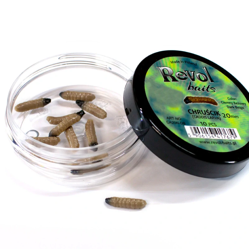 Revol Baits nástraha Caddis Larva 20mm príchuť krevetka, farba tmavo béžová 10ks