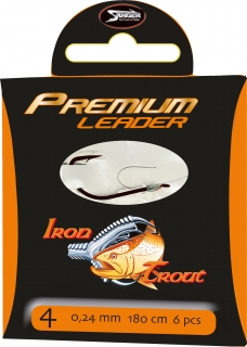 IRON TROUT návazec premium leader, 220 cm, vlasec 0,18 mm, háček č. 10, 10 ks/bal